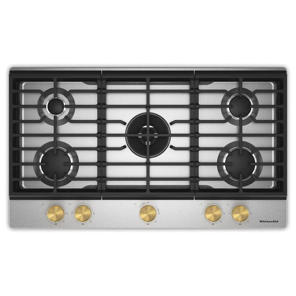 KitchenAid 36" Gas Cooktop With 5 Burners And Integrated Wok Grate, Backlit Knobs - Stainless Steel