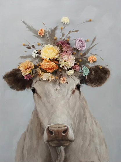 Blossom Crowned Bovine - 30" x 40" Framed Wall Art