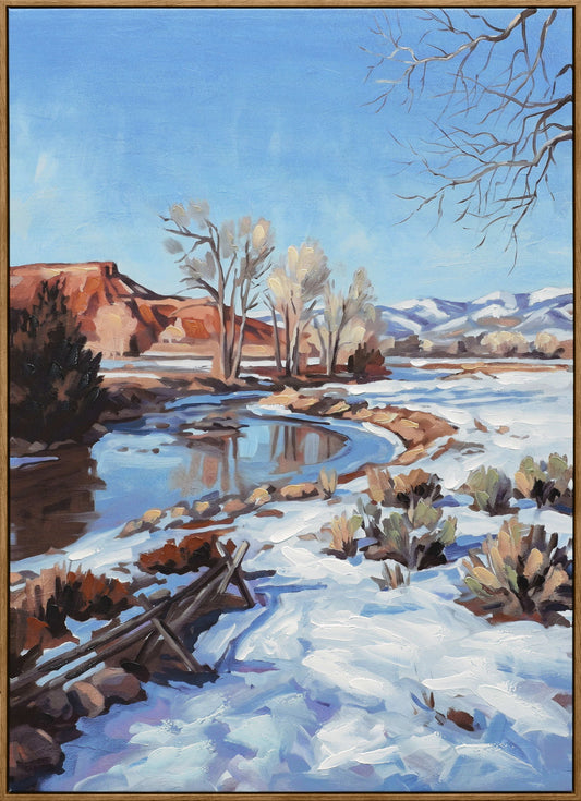 Snow Along The Mesa - 35 X 47 - Hand-Embellished Canvas In Frame - Blue, White, Brown